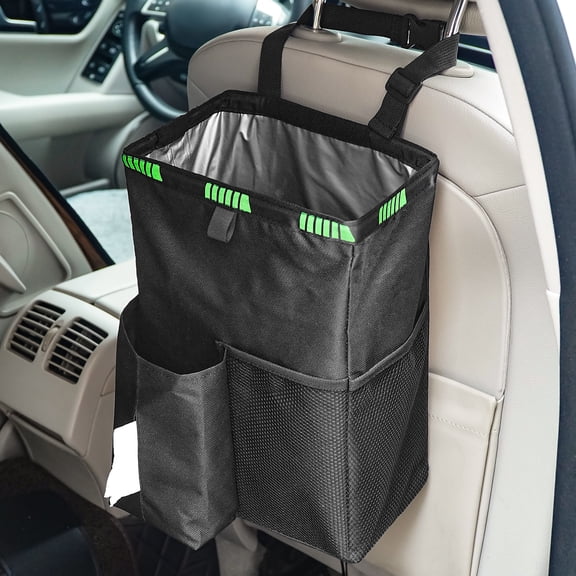 Car Backseat Organizer Trash Bag, Waterproof Hanging Storage Pouch with Tissue Dispenser, Auto Interior Garbage Bin for SUV Truck, Black Green
