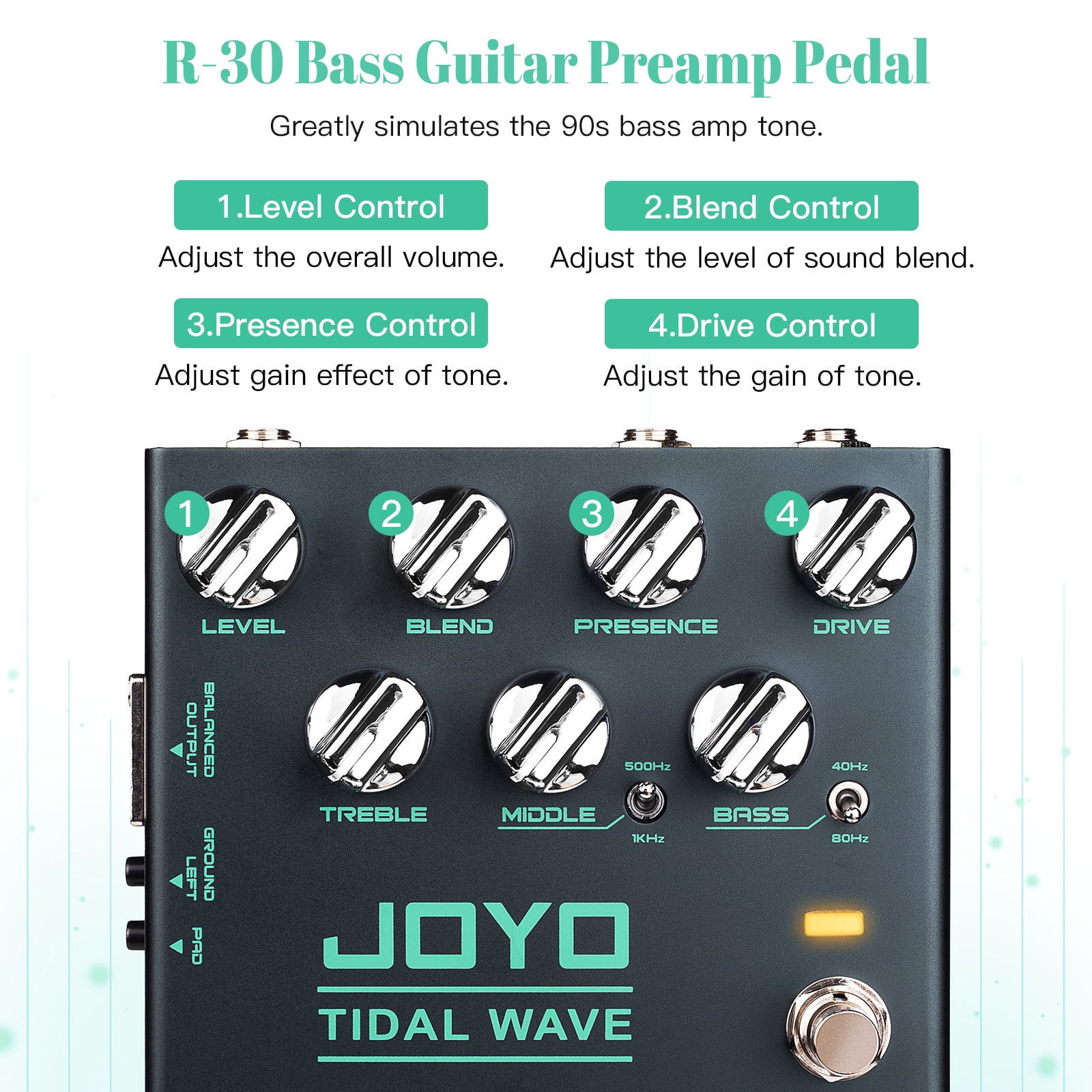 JOYO R-30 Classic Bass Tone of "90s Bass Guitar Preamp Pedal 3 Band EQ DI Function