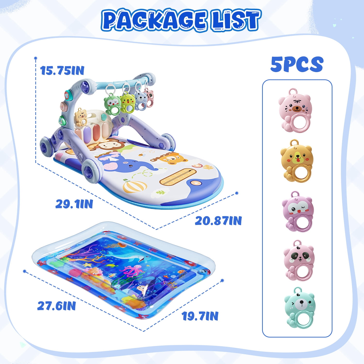 WonderStone 6-in-1 Baby Gym Play Mat, Activity Center Walker with Water Mat, 5 Infant Toys & Portable Musical Piano Panel for Babies 0–12 Months, Blue