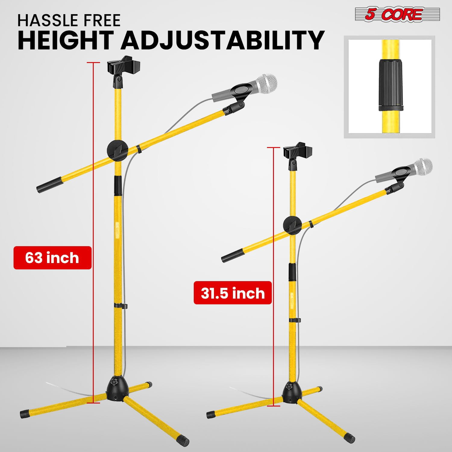 Mic Stand Floor Height Adjustable Tripod Microphone Stands w Extending Telescoping Boom Arm - MS DBL G Yellow