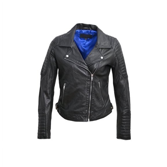 BLUE WELLFORD Women's Black Leather Perfecto Jacket Stylish Biker Design with Lapel Collar, Shoulder Padding, & Zipped Side Pockets
