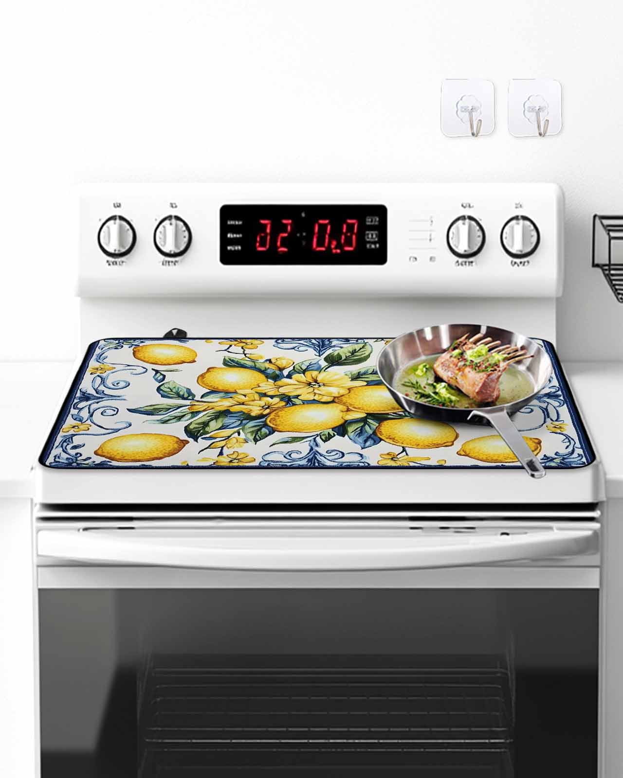 Stove Top Covers for Electric Stove, Yellow Lemon Glass Stovetop Cover Protector, Middle Century Blue Italian Textured Induction Cooktop Protector Oven Mat for Kitchen Countertop 24"x21"
