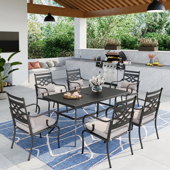 SUMMIT LIVING 7-Piece Outdoor Patio Dining Set with 6 Pieces Cushioned Armchairs& 1 Piece Metal Steel Rectangular Table, Black & Beige