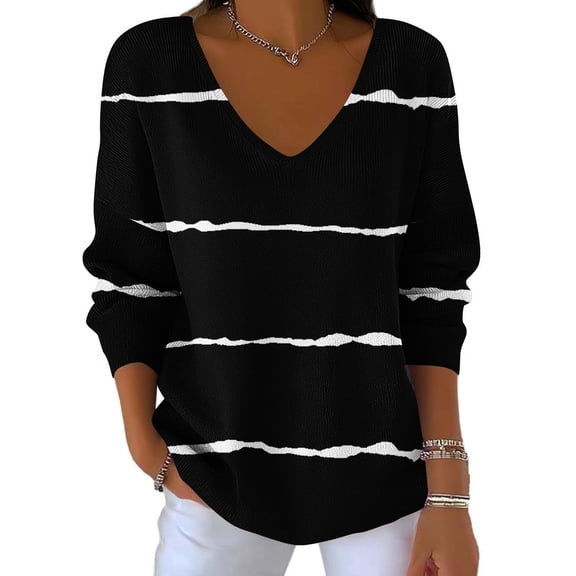 ClodeEU Women Striped Long Sleeve T Shirt ,V Neck Blouse , Loose Casual Tops Black,Womens Plus L