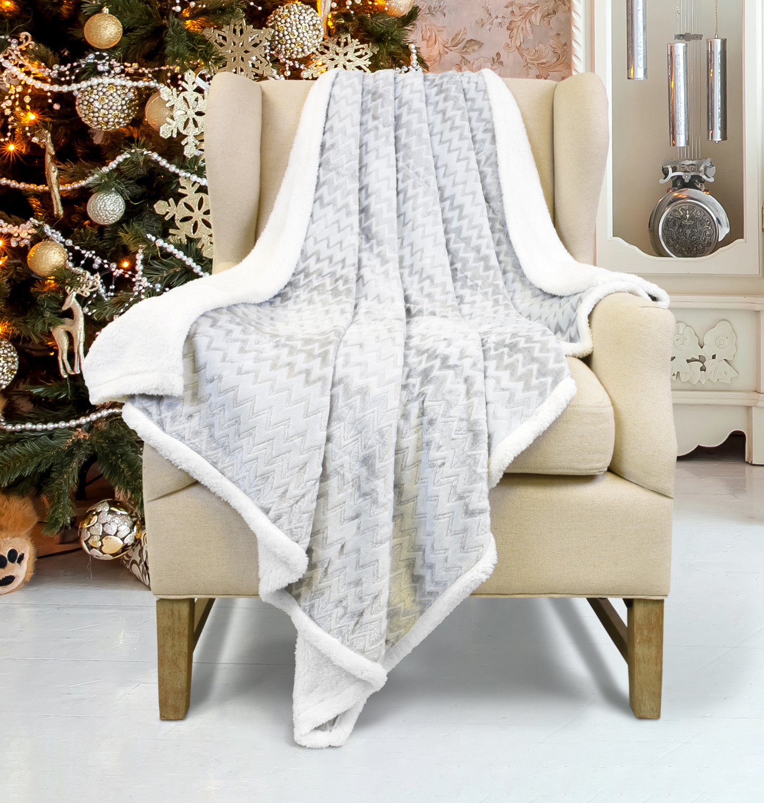 Silky Soft Sherpa Throw Blanket,Flannel Chevron Micro Plush Fleece