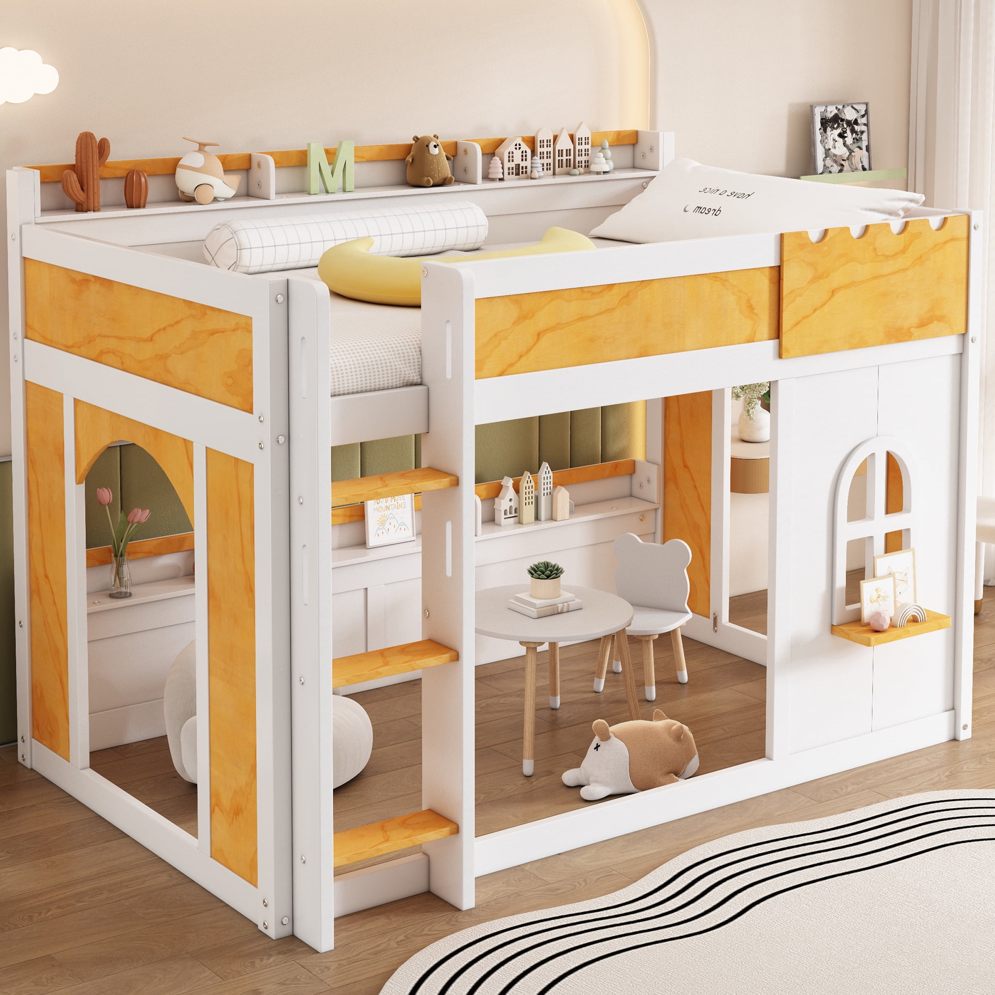 Euroco Wood Twin over Twin Bunk Bed with Storage Shelves, House Shaped Design Loft Bed, White & Natural