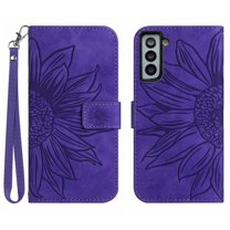 Mantto for Samsung Galaxy S21 FE Wallet Case with Wrist Strap,Stylish Sunflower Embossed PU Leather Shockproof Protective Magnetic Flip Stand Card Slots Protective Phone Cover,Darkpurple