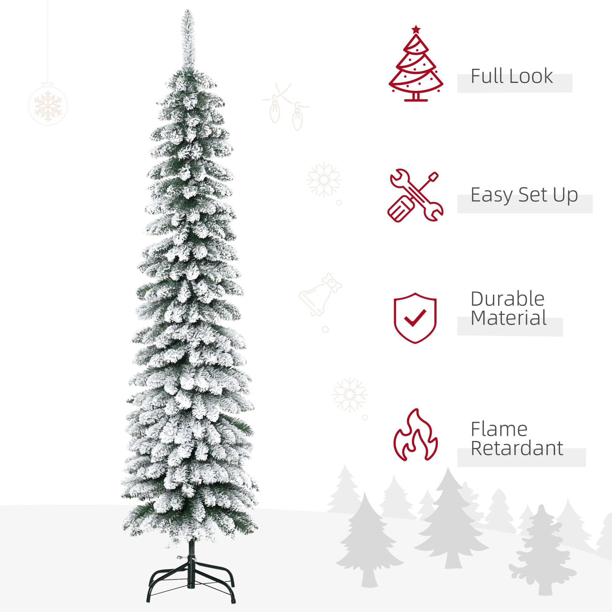 6ft Snow-Flocked Christmas Tree, Slim Pencil Xmas Tree with 395 Realistic Branches & Metal Base, Green