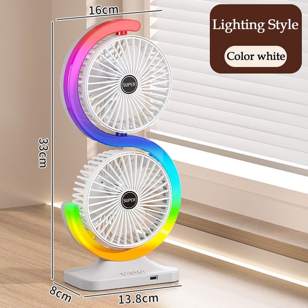 Ventilador de circulación de doble cabezal, mini ventilador silencioso de escritorio con luz ambiental, ventilador fotoeléctrico.