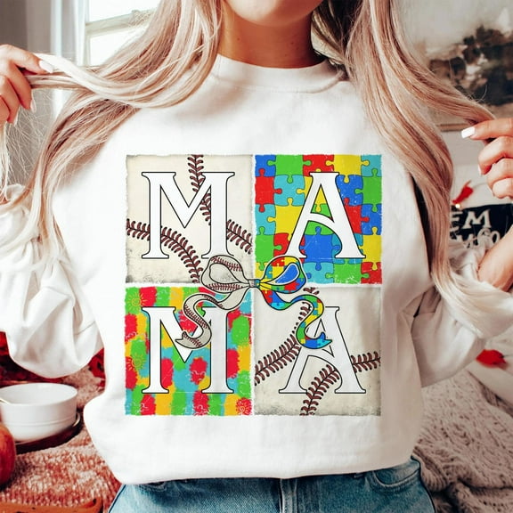 Autism Baseball Mama Sweatshirt, Autism Awareness Mom Crewneck, Baseball Mama Pullover, Coquette Autism Sweatshirt, Gift for Mom Sweatshirt