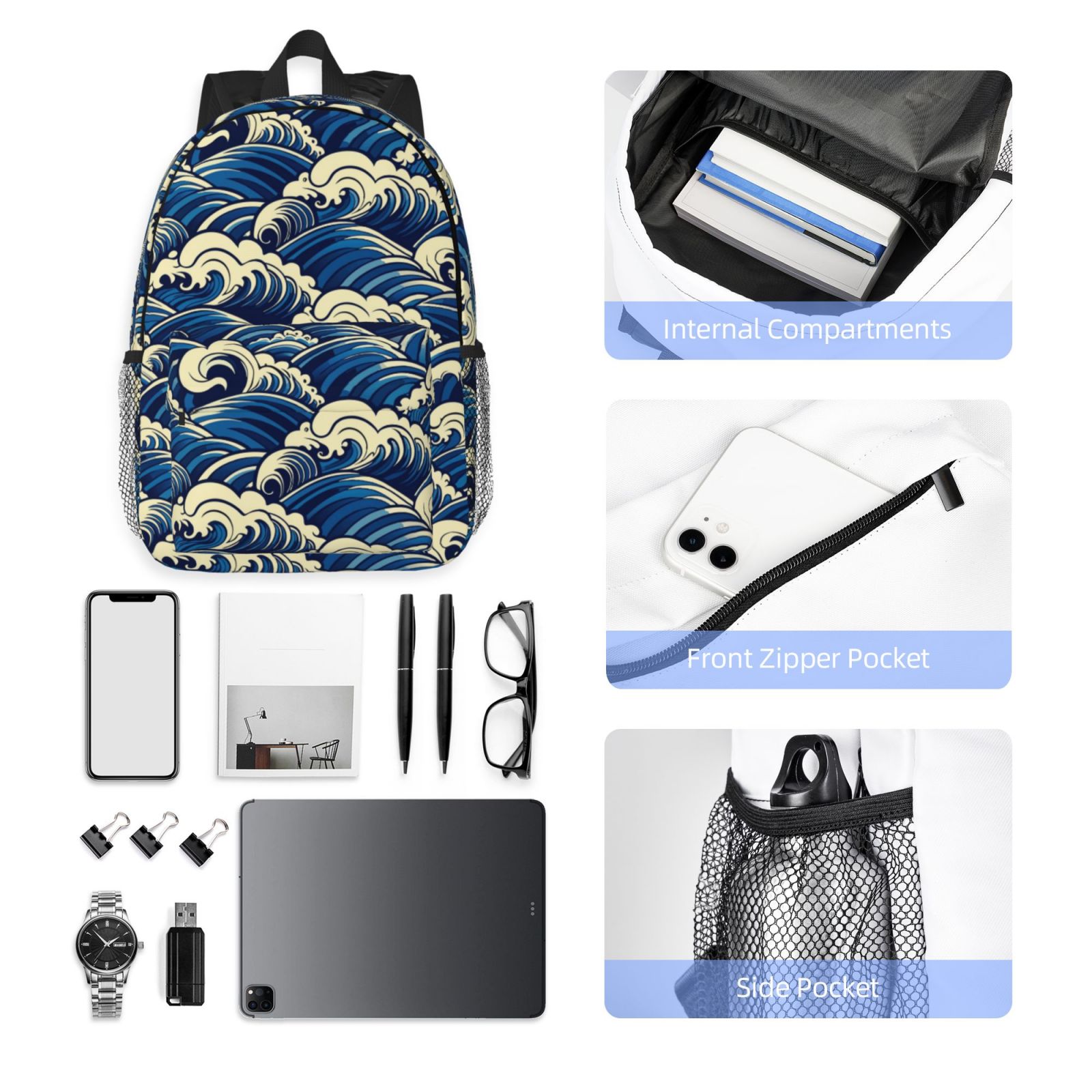 Rateoe Japanese Water Wave Pattern Student Backpack Water-resistant Backpack 15-inch Laptop Backpack Lightweight Adjustable School Backpack
