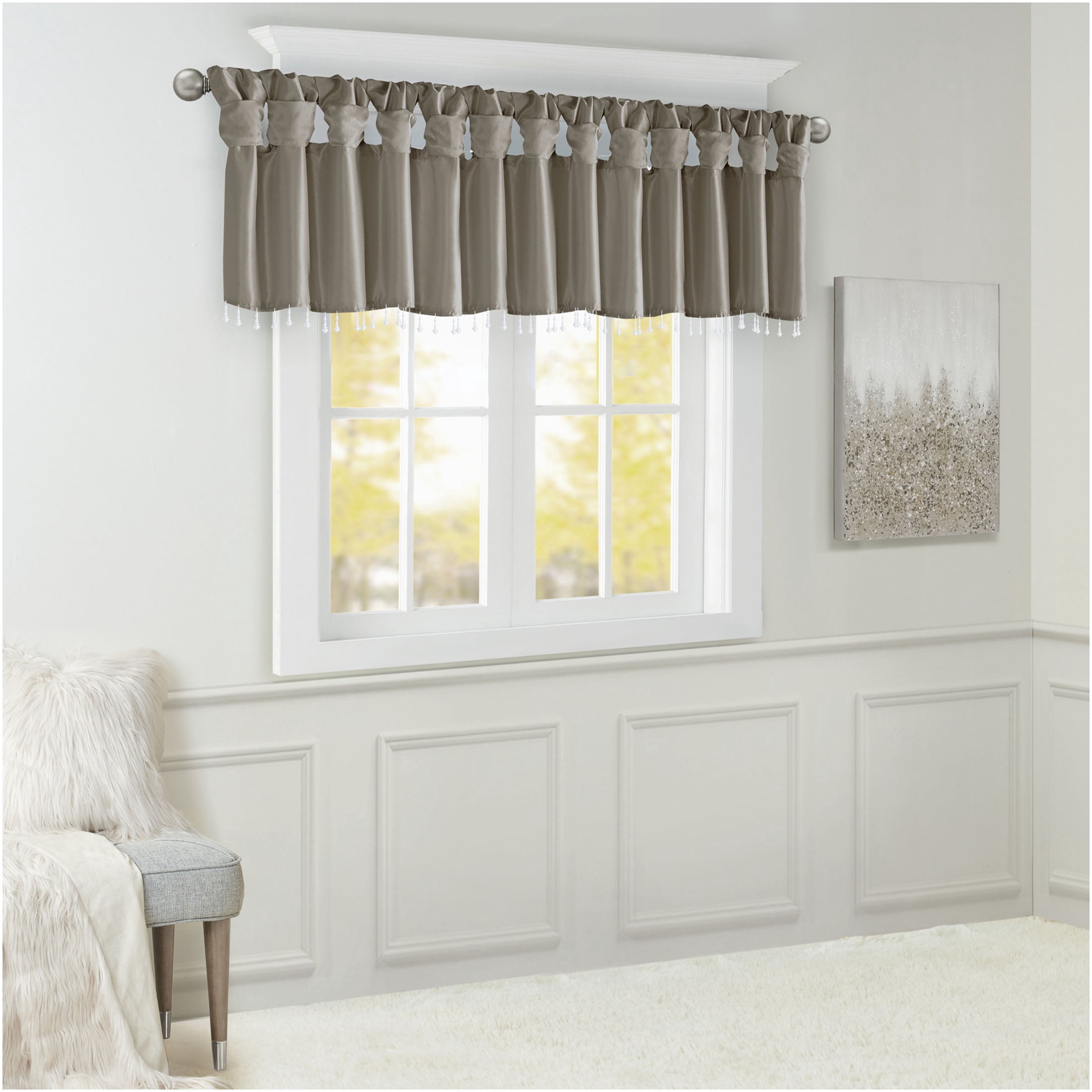 JERFIT Elegant Faux Silk Window Valance with Beaded Trim, Tab Top Treatment for 50 Inch Rod, Lightweight & Lined for Privacy, Pewter 50"W x 26"L