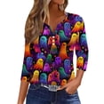 thumbnail image 2 of Women's Cute Halloween Shirts Pumpkin Ghost Print 3/4 Sleeve Tops Henley V Neck Graphic Tees Fall Shirt, 2 of 5