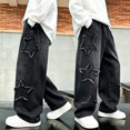 thumbnail image 4 of YunPes Boys Trendy Baggy Denim Pants Frayed Star Patch Wide Leg Jeans Vintage Y2K Casual Trousers Teen Harajuku Grunge Jeans, 4 of 6