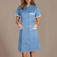 thumbnail image 2 of yoeyez Nurses Scrub Dress Uniforms Women's Solid Color Splicing Knee Length Dresses with Pocket Casual Short Sleeve V-Neck Holiday Workwear Light Blue,L, 2 of 7