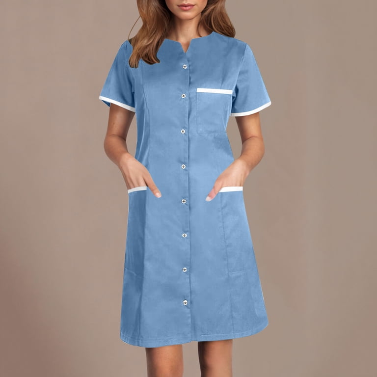 workwear knee length dresses yoeyez Nurses Scrub Dress Uniforms Women's Solid Color Splicing with Pocket Casual Short Sleeve V-Neck Holiday Light Blue,L Web Collection: Email Exclusive