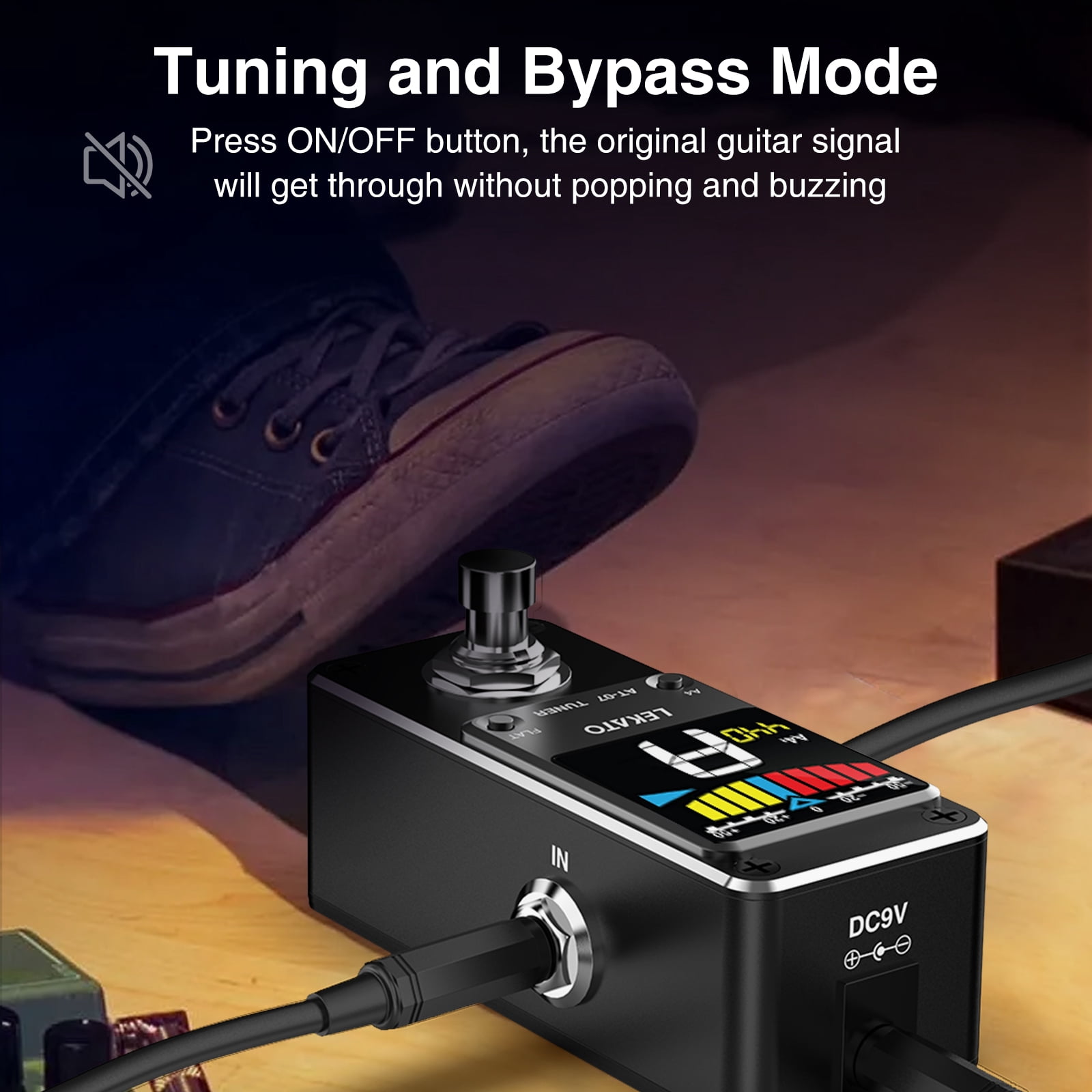 LEKATO Guitar Tuner Pedal with True Bypass, Color Display Tuning Pedal with Mute, Chromatic Tuner Pedal for Electric Guitar and Bass, Pitch and Flat Tuning