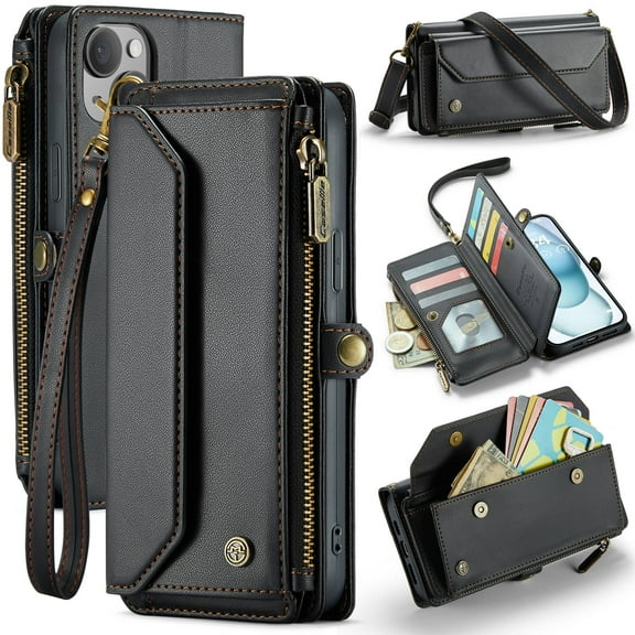 Crossbody for iPhone 15 Plus Case Wallet【RFID Blocking】with 10-Card Holder Zipper Bills Slot, Soft PU Leather Magnetic Shoulder Wrist Strap for iPhone 15 Plus Wallet Case Women