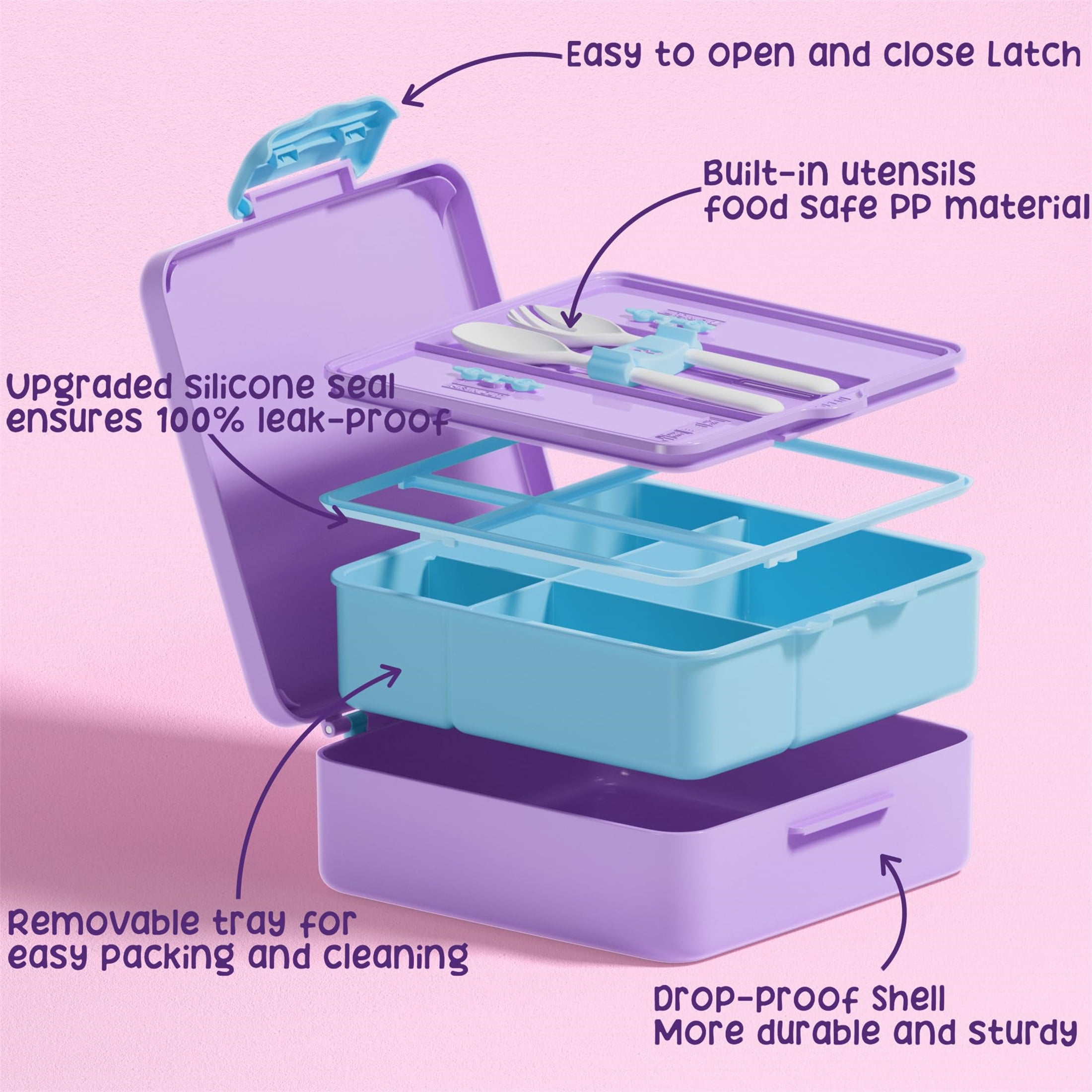 Bento Lunch Box, 40OZ Leak Proof Bento Box with 4 Compartments Lunch Container with Utensils (Cotton Candy)