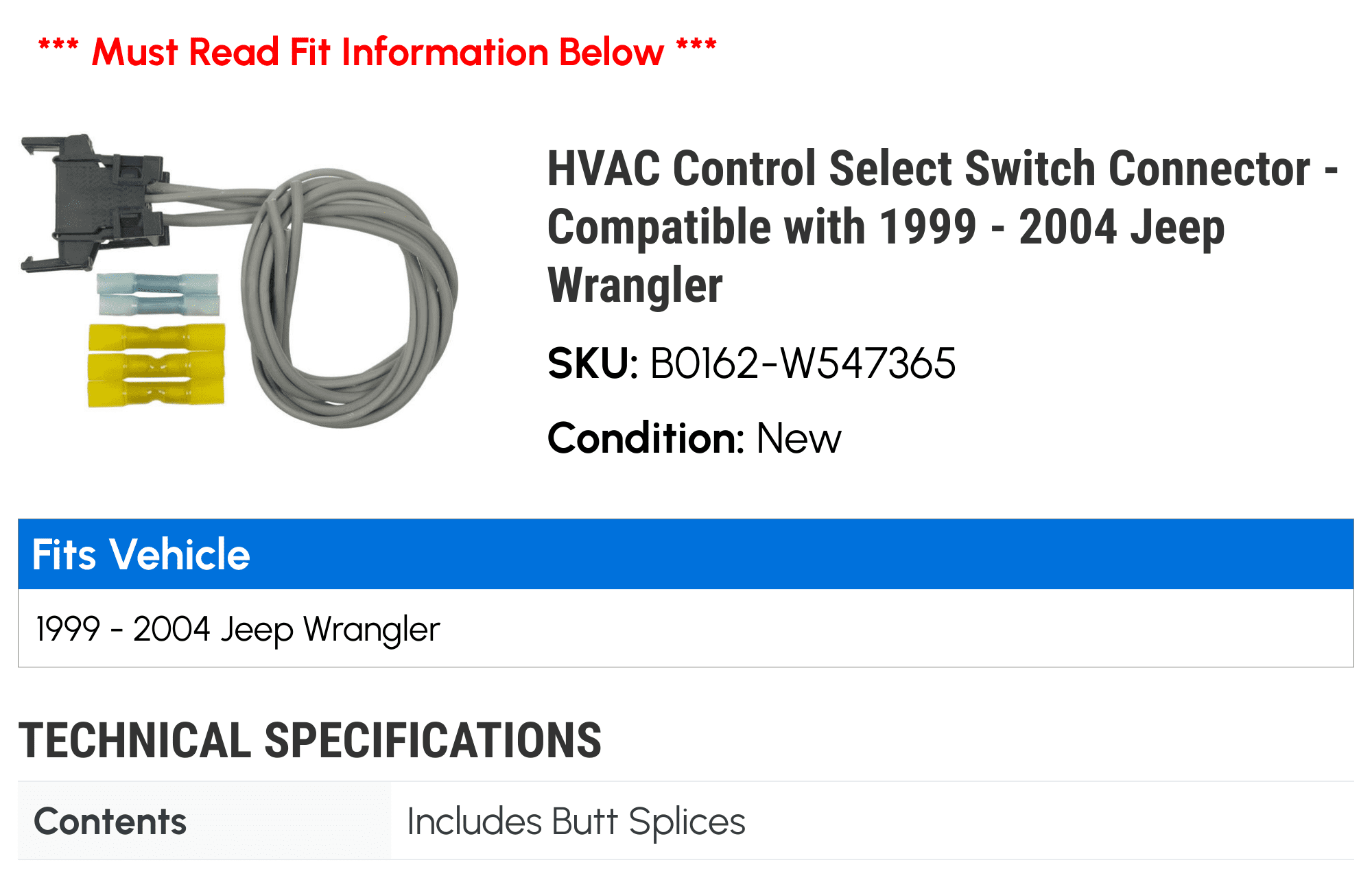HVAC Control Select Switch Connector - Compatible with 1999 - 2004 Jeep Wrangler 2000 2001 2002 2003