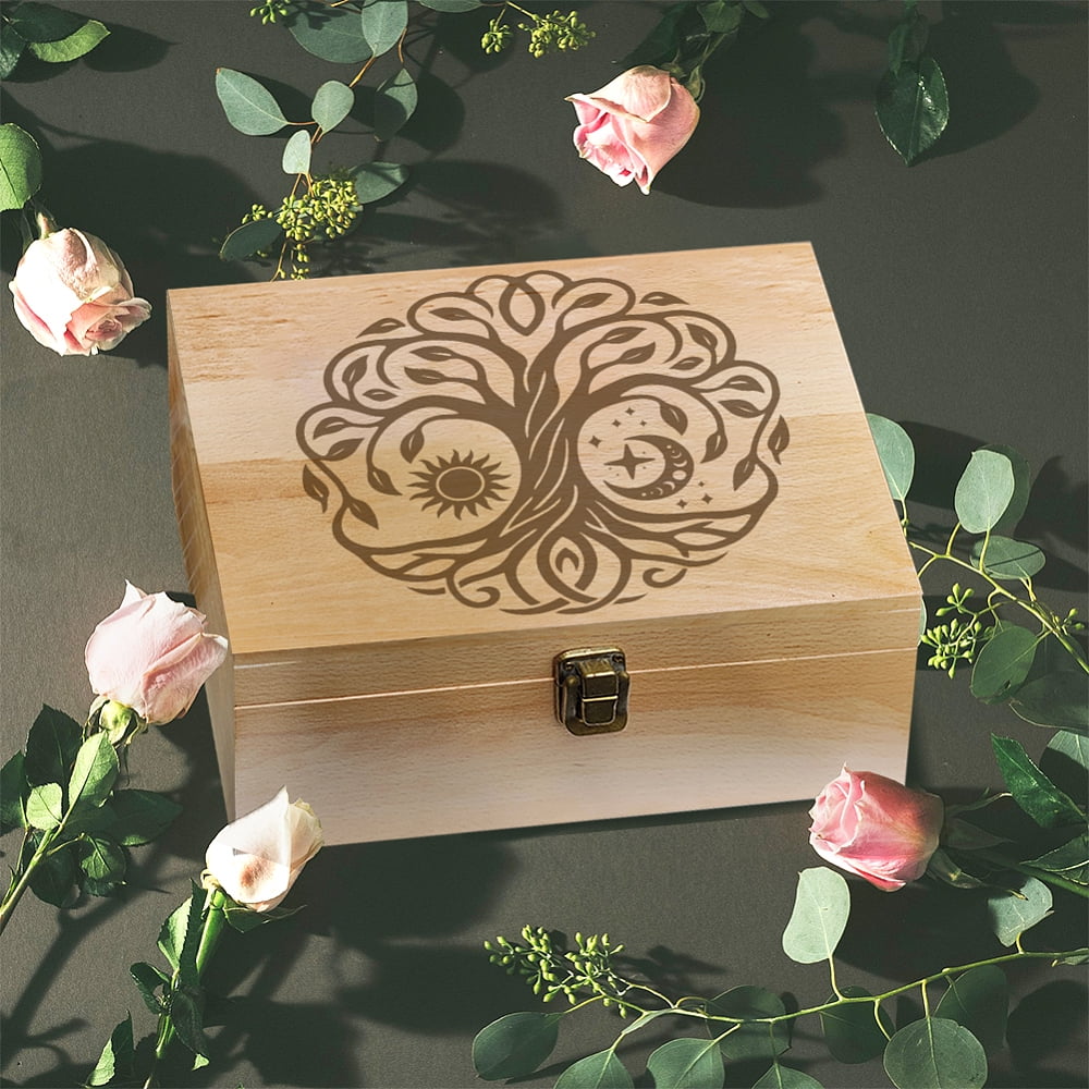 1 Pc Wooden Memory Keepsake Box Sun Moon Tree Pattern Storage Decorative Memory Wooden Box with Hinge Lids for Photos DVDs Letters Holding 24.5x19.5x10.3cm DIY