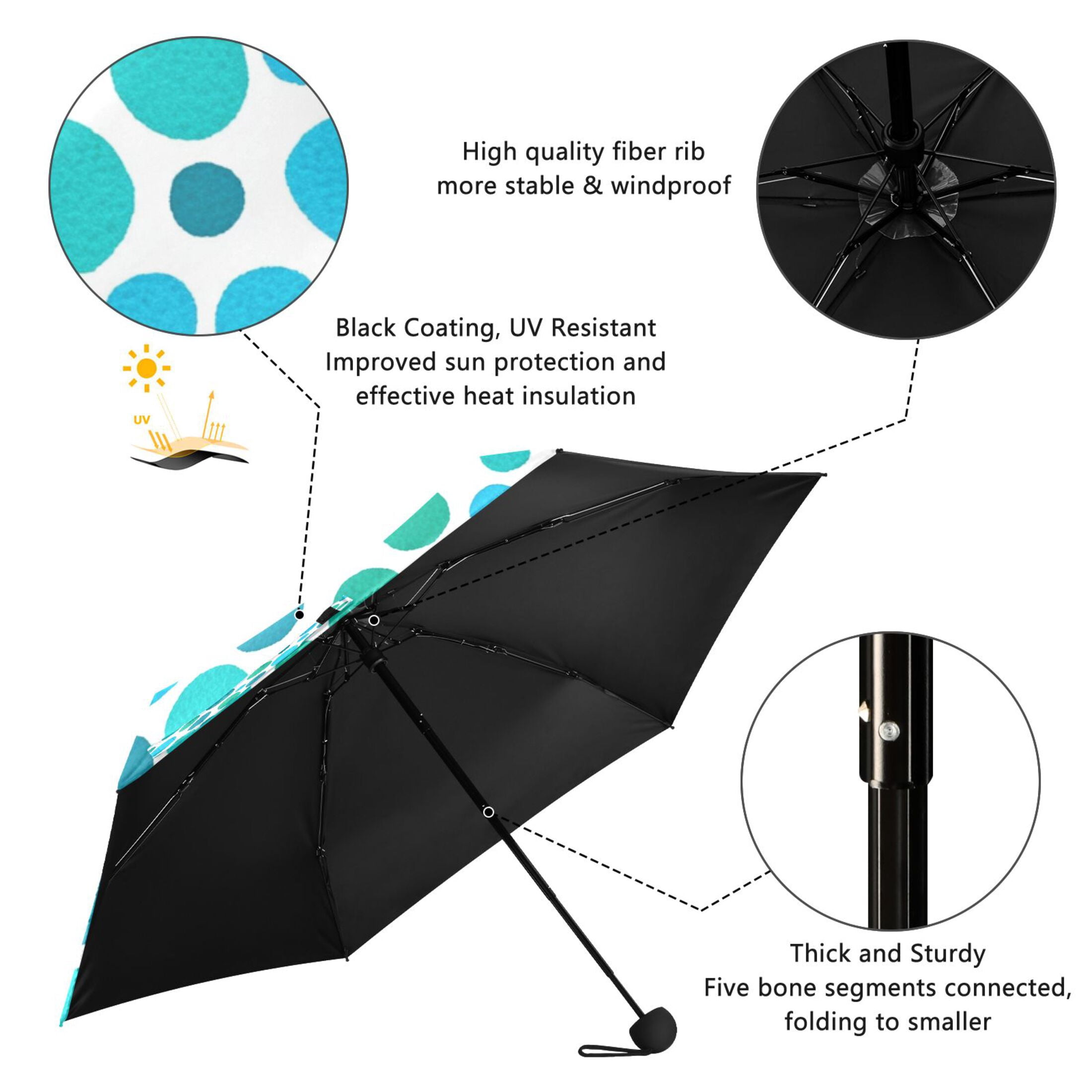 Oceanic Polka Dots Umbrellas for Sun Auto Open Close UV50+ Waterproof 5-Fold Compact Fiberglass Frame