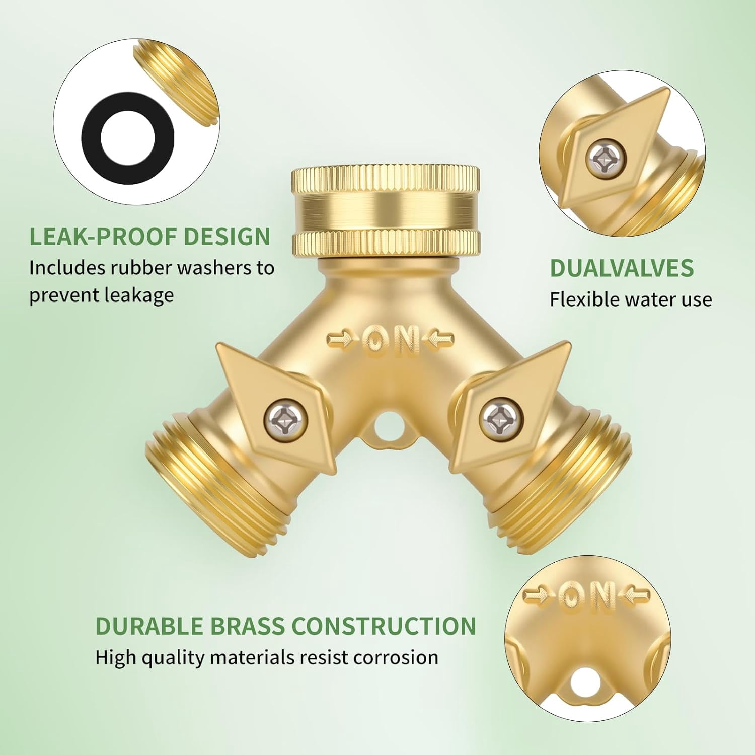 MKEUDQ-Brass Hose Splitter Y Connector Durable Brass Water Pipe Splitter with Shutoff Valve Adjustable Flow Rubber Gasket Leak Proof 3/4 Inch Garden Hose Attachment (1)