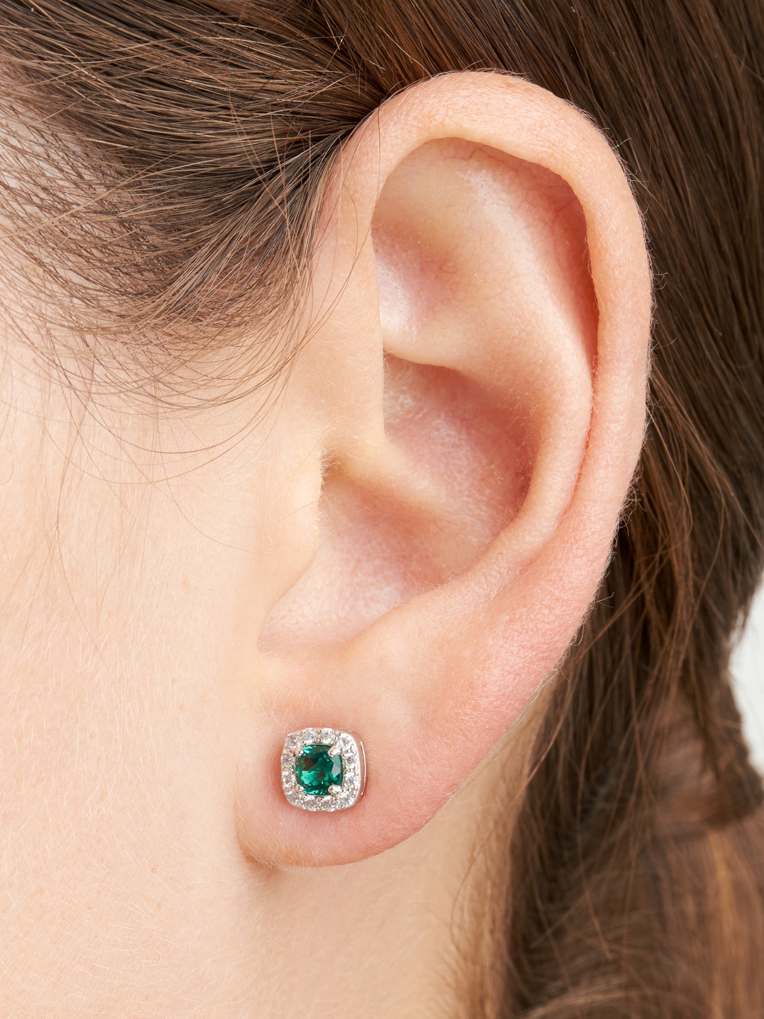 Forever Facets Women's Platinum over Sterling Silver Created Emerald and CZ Stud Earrings