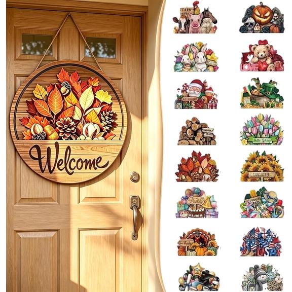 Interchangeable Welcome Sign for Front Door, Magnetic Welcome Sign, Wooden Welcome Sign, Seasonal Door Decor with 15 Magnetic Icons, 16 Pcs
