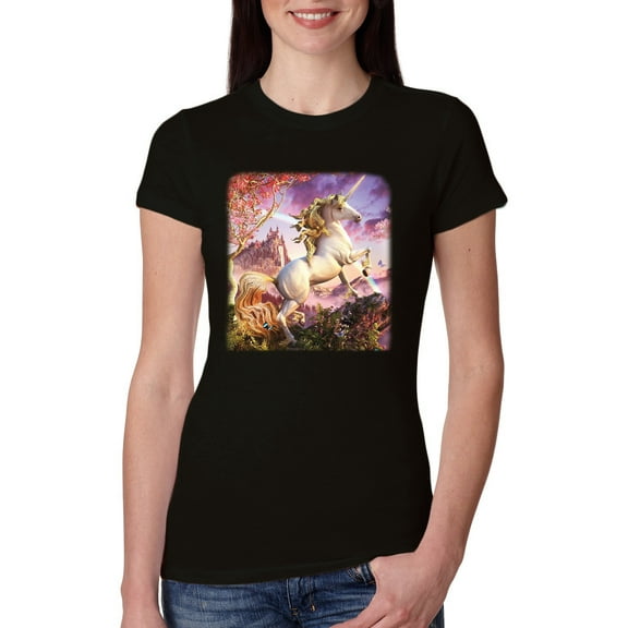 Unicorn Fanstasy Rainbow Castle Female Slim Fit Junior Tee, Black, Small