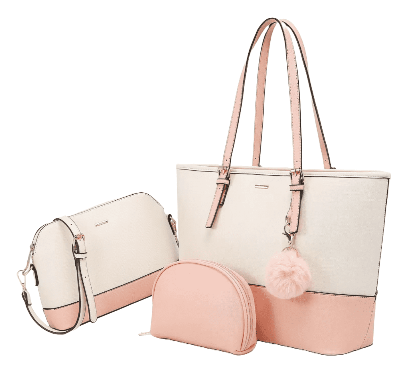 Premium Lux Details 3-Piece Leather Handbag Set for Women – Tote, Crossbody & Wristlet Purse – Elegant Designer Bags for Everyday & Travel Use Color Donut Pink