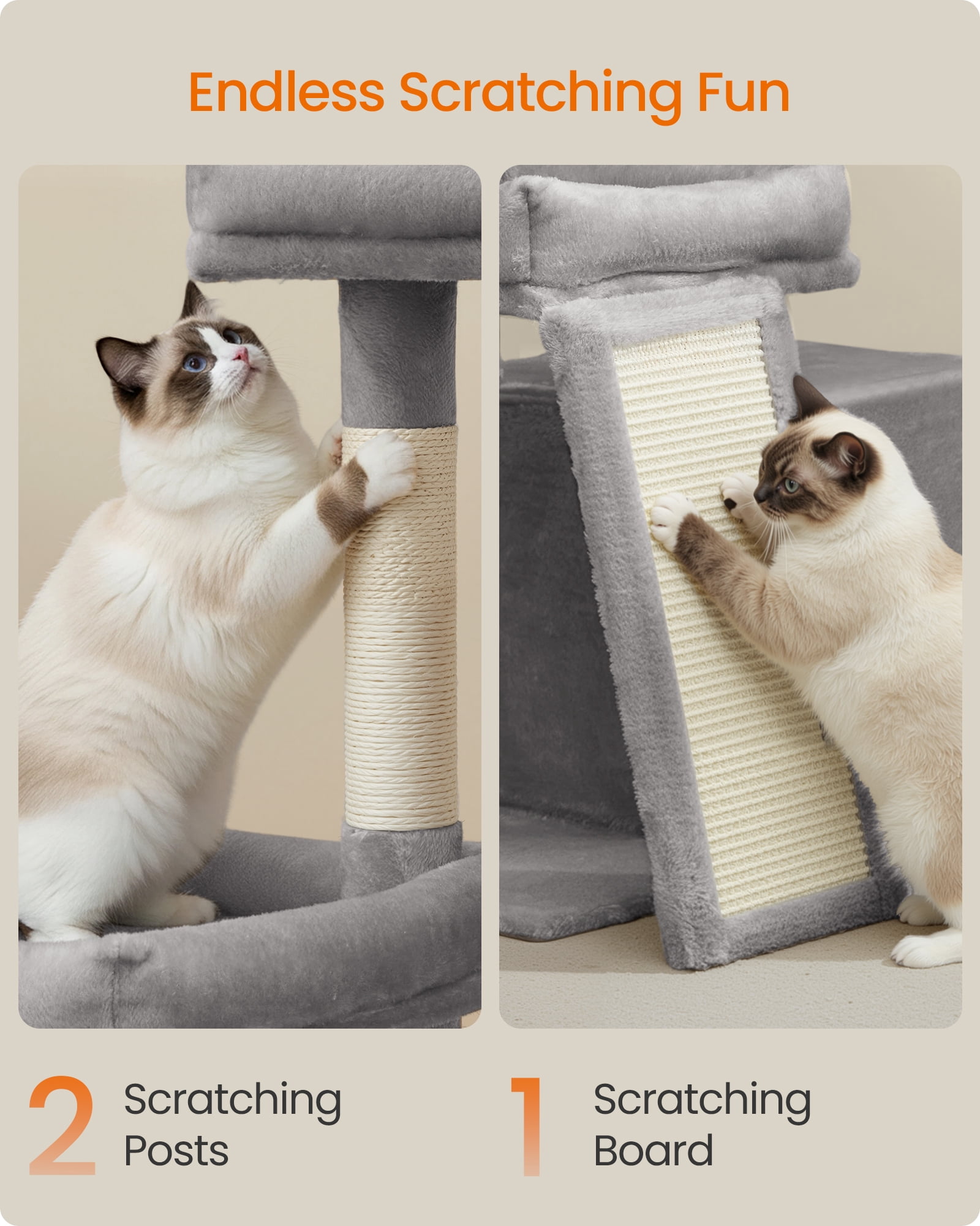 Feandrea Cat Tree, Cat Tower Condo with Scratching Posts and Ramp, 2 Large Perches, Cave, Basket, 33.8 Inches Tall, Dove Gray