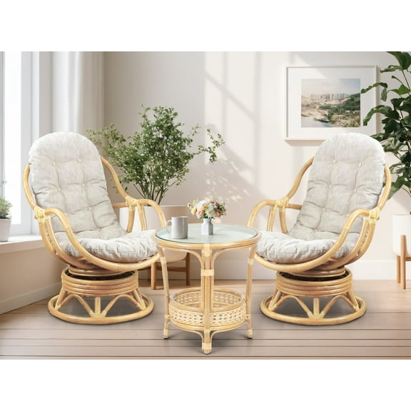 Set of 2 Bali Lounge Swivel Rocking Chairs with Cream Cushions and Pelangi Round Coffee Table Natural Rattan Wicker Handmade, Natural Color