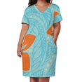 thumbnail image 2 of Polynesian Hawaiian light blue orange floral tattoo design Loose Pocket Dress dress, 2 of 6