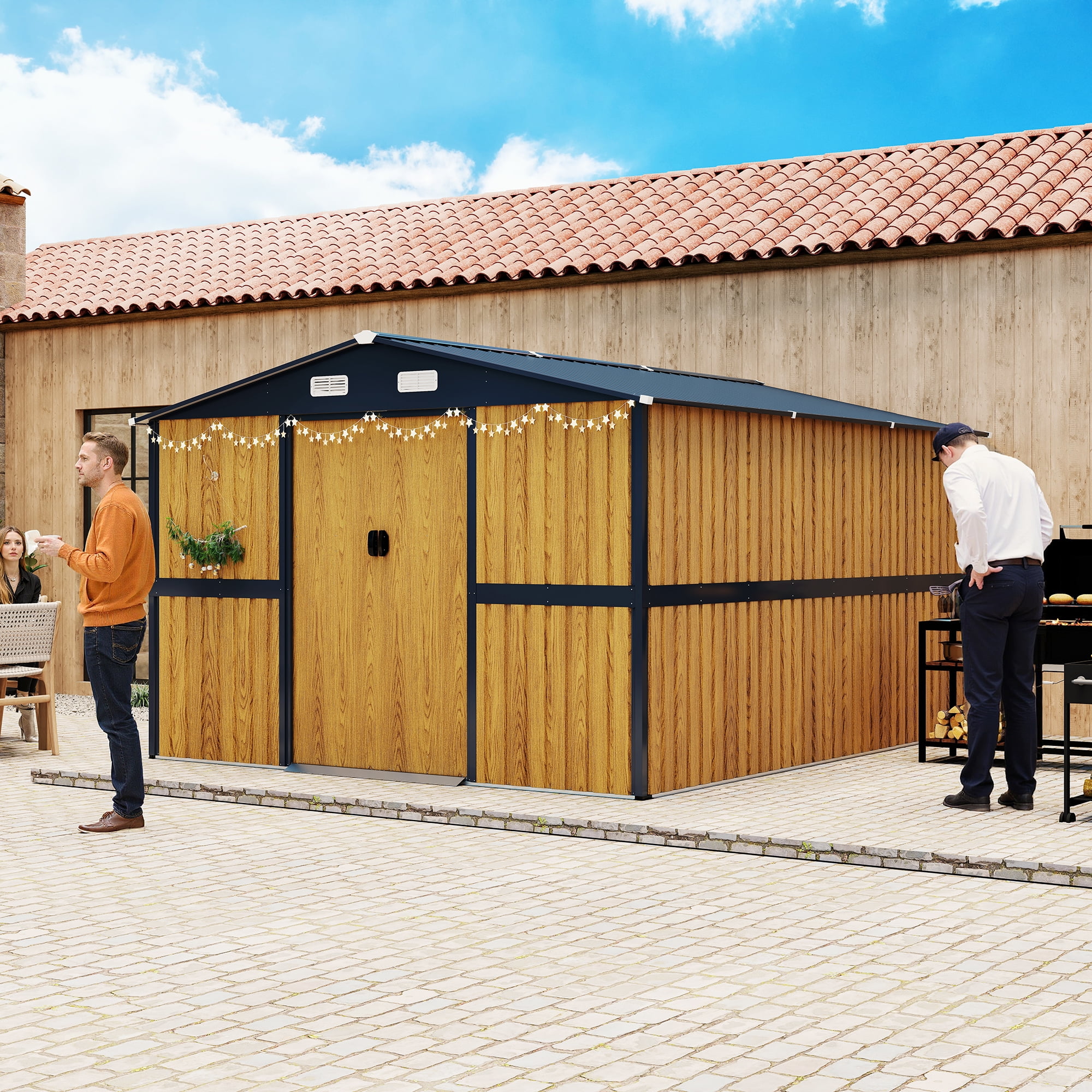 DTTRA 10 x 12 FT Outdoor Storage Shed, Metal Garden Shed with Lockable Doors & 2 Windows, Sloped Roof & 4 Air Vents, Weather-Resistant Backyard Shed for Patio, Tool, Pet or Chicken Coop Storage