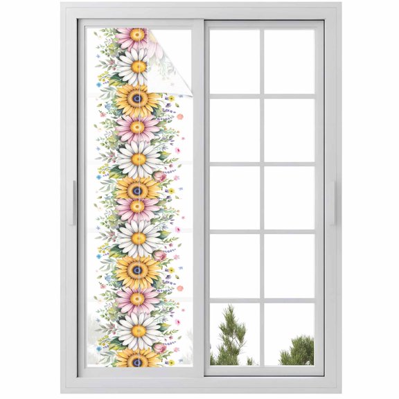 Window Privacy Film Colorful Daisy Floral Stained Glass Window Film Decorative Sun Block Window Cover Spring Flowers Botanical Leaves Rustic Window Clings Static Sticker for Bathroom 17.7"x78.7"