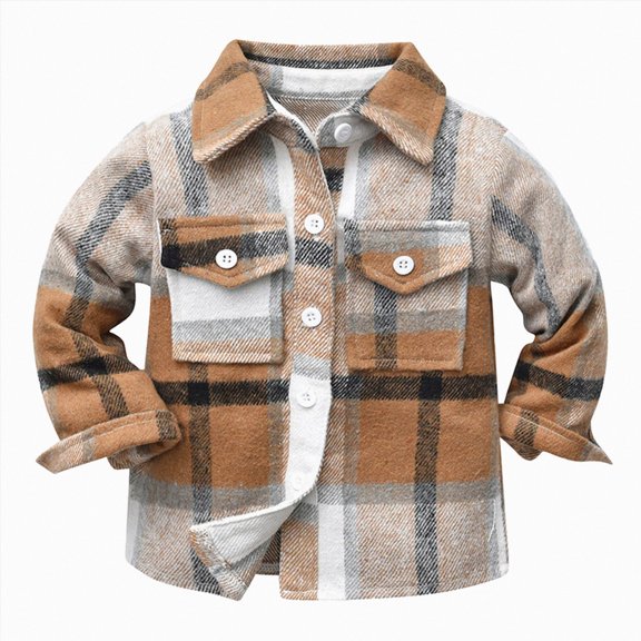 JUMEYU Boy Shirt Plaid Shirt Jackets for Boys Flannel Shirt Button Down Long Sleeve Shirt Kids Cute Lightweight Fall Warm Coat 5T 6T (Coffee,5-6 Years)
