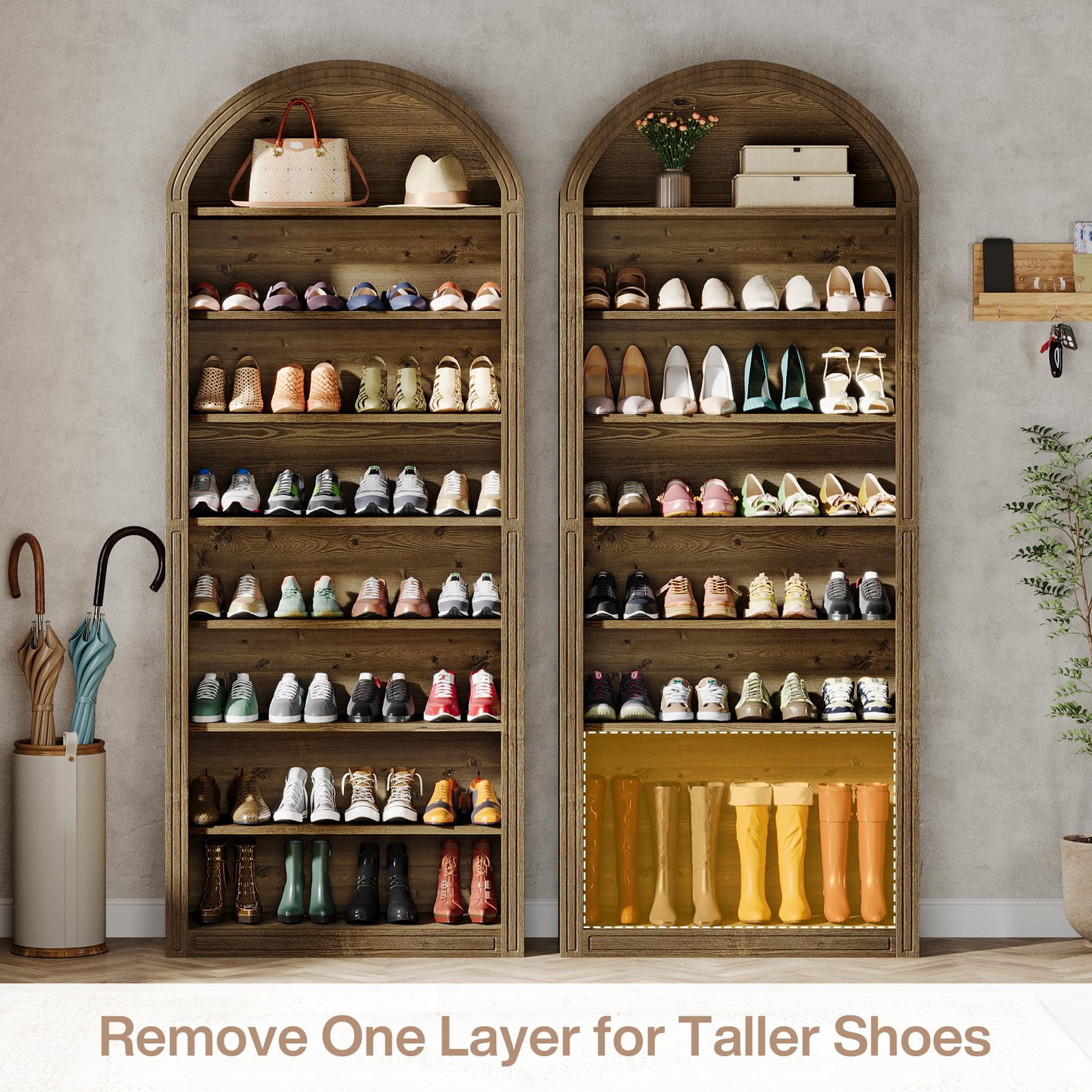 Fnova 79.5" Arched Shoe Storage Cabinet, 8-Tier Wooden Shoe Organizer Rack for 35 Pairs, Adjustable Shelves, Brown