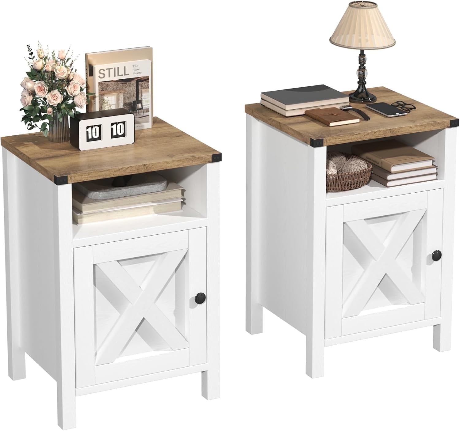 EVOKEDEN Farmhouse Nightstands Set of 2, Rustic Vintage Side End Table w/ Storage & Barn Door for Bedroom Living Room, White