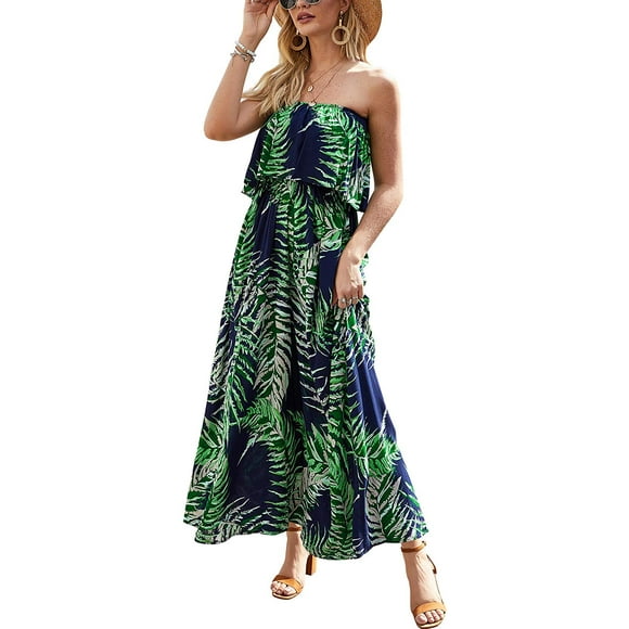 Womens Summer Dresses Blue and White Porcelain Strapless Boho Maxi Long Dress