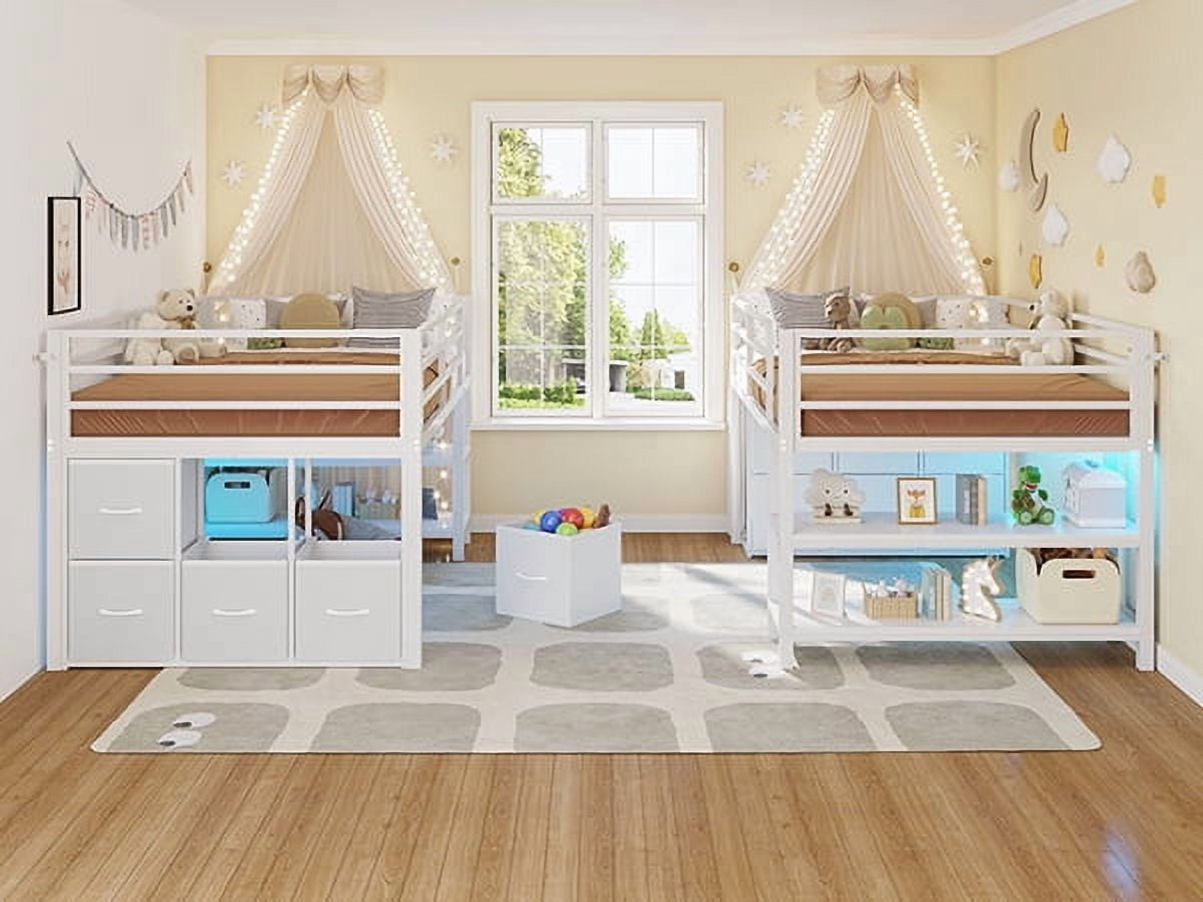 Twin Size Loft Bed with 6 Fabric Drawers and Storage Shelves, with LED Lights,Modern Low Loft Bed,No Box Spring Needed,Sturdy ,White / Black /Pink