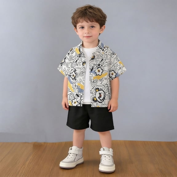Babcutegg Boys Hawaiian Print Short Sleeve Button Up Shirt with Matching Elastic Waist Shorts – Tropical Flap Collar Two Piece Summer Outfit Black Size 7-8
