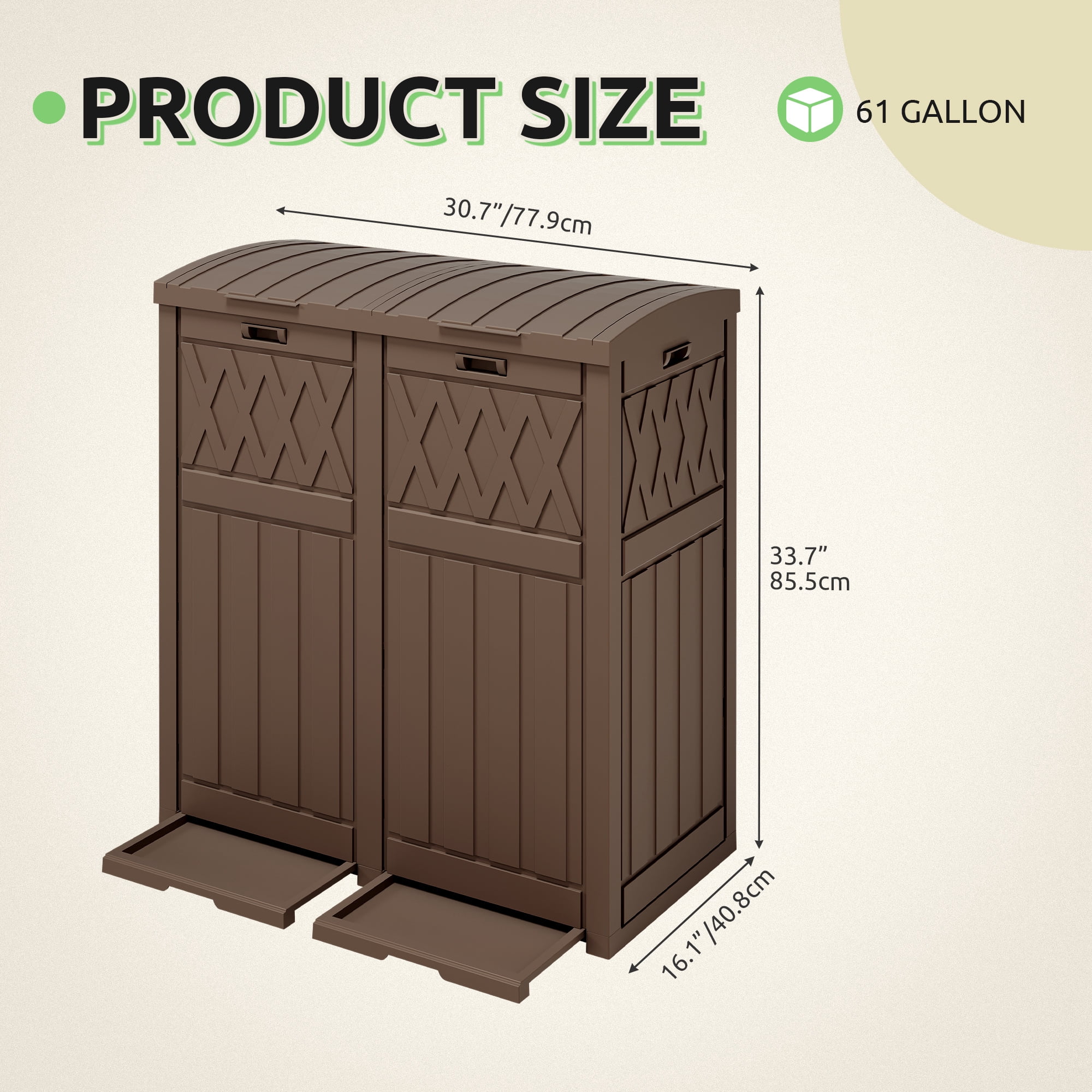 Uforic 62 Gallon Double Compartment Outdoor Trash Can, Waterproof Resin Garbage Bin with Tiered Lid & Drip Tray for Patio, Deck, Backyard, Dark Brown