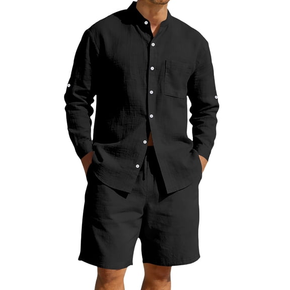 Awwp Men Set American Casual Summer Linen Men's Suit Loose Long Sleeved Short Pants And Shirt Set for Men Black L
