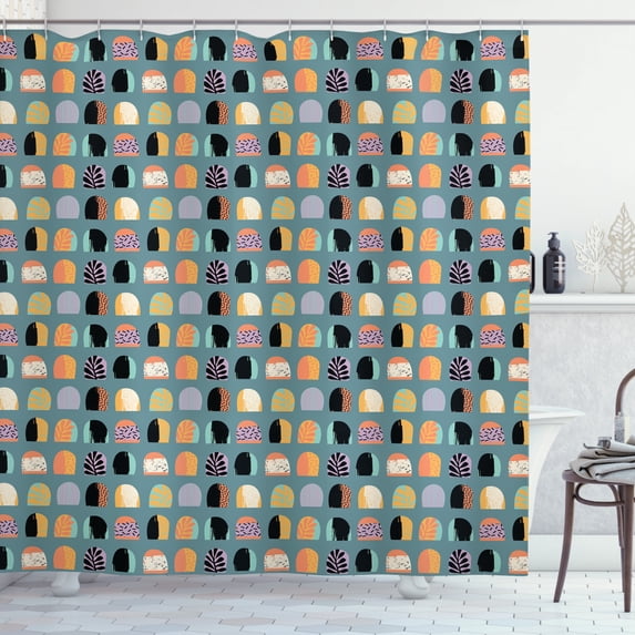 Abstract Shower Curtain, Colorful Hand Drawn Oval Shapes with Different Patterns Leaves Stripes and Dots, Fabric Bathroom Set with Hooks, 69W X 75L Inches Long, Multicolor, by Ambesonne