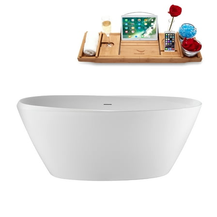 59" Streamline G-30-163-BBR Soaking Glossy White Freestanding Tub and Tray With Internal Drain in Brushed Brass