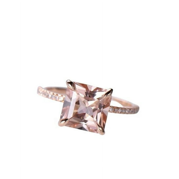 HeartsAndYou 3ct Princess Natural Peach Morganite Moissanite Accents Ring 14k SOLID Rose Gold