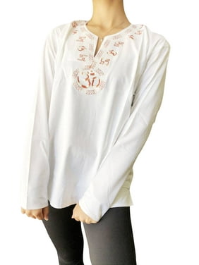 Women Cotton Tunic Shirt , White HINDU Swastik Om Embroidered Shirt BOHEMIAN Top Gypsy Yoga Blouse ML