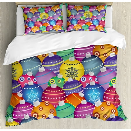 Holiday Bedding Sets Christmas Queen Size Duvet Cover Set, Colorful Christmas Balls Different Retro Patterns Holiday Celebration Theme Print, Decorative 3 Piece Bedding Set with 2 Pillow Shams, Multicolor, by Ambesonne ()