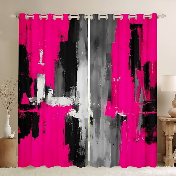 Manfei Retro Oil Painting Blackout Curtains Set of 2 (52x84 Each), Abstract Watercolor Art Window Curtains, Hot Pink Gray Ombre Curtains and Drapes, Luxury Bedroom Decor